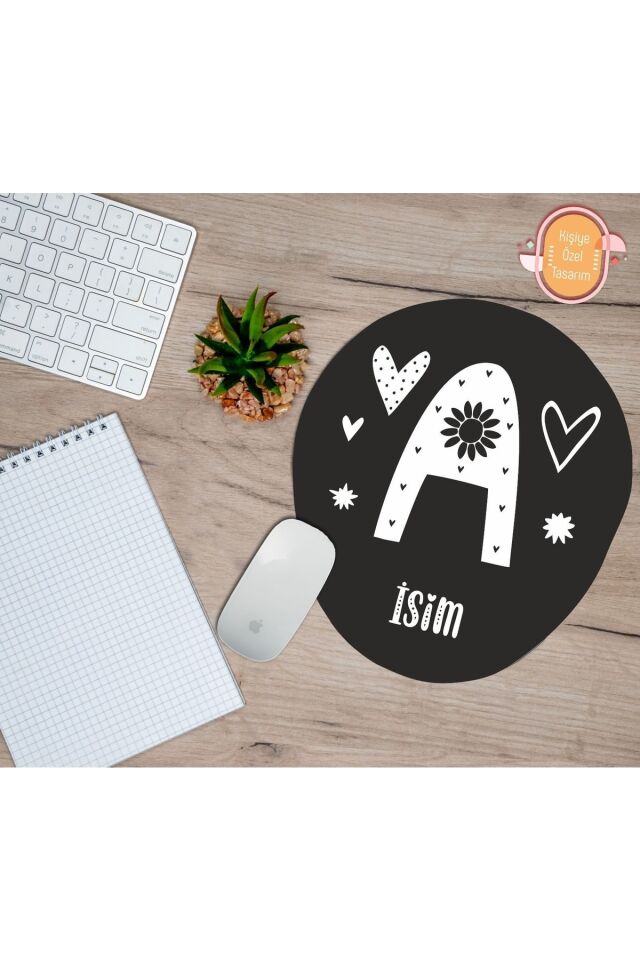 Kişiye Özel Harf Desenli Siyah Taban Bilek Destekli Mouse Pad
