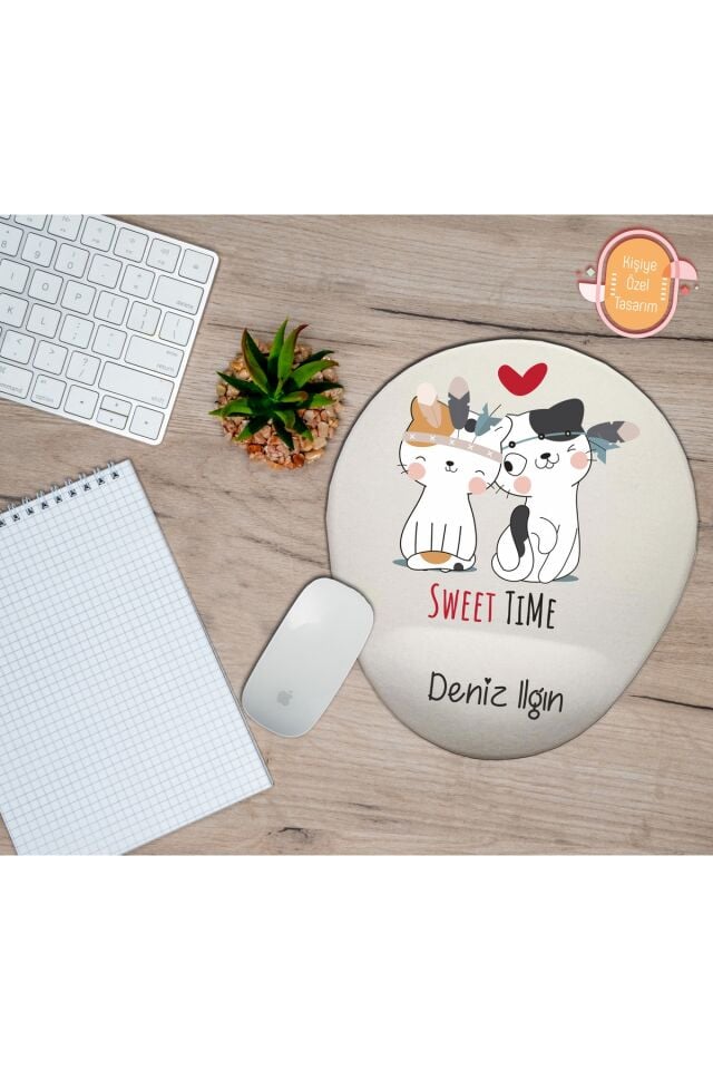 Kişiye Özel Sweet Time (tatlı Zaman) Yazılı 2 Kedi Temalı Mousepad Bilek Destekli