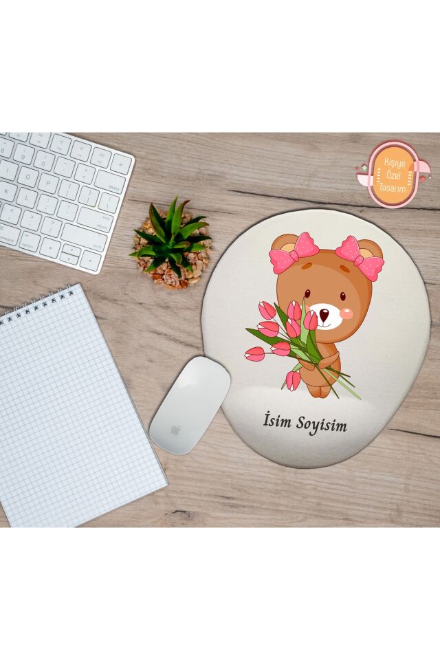 Kişiye Özel Çiçek Lale Buketi Tutan Sevimli Ayı Temalı Mouse Pad Bilek Destekli