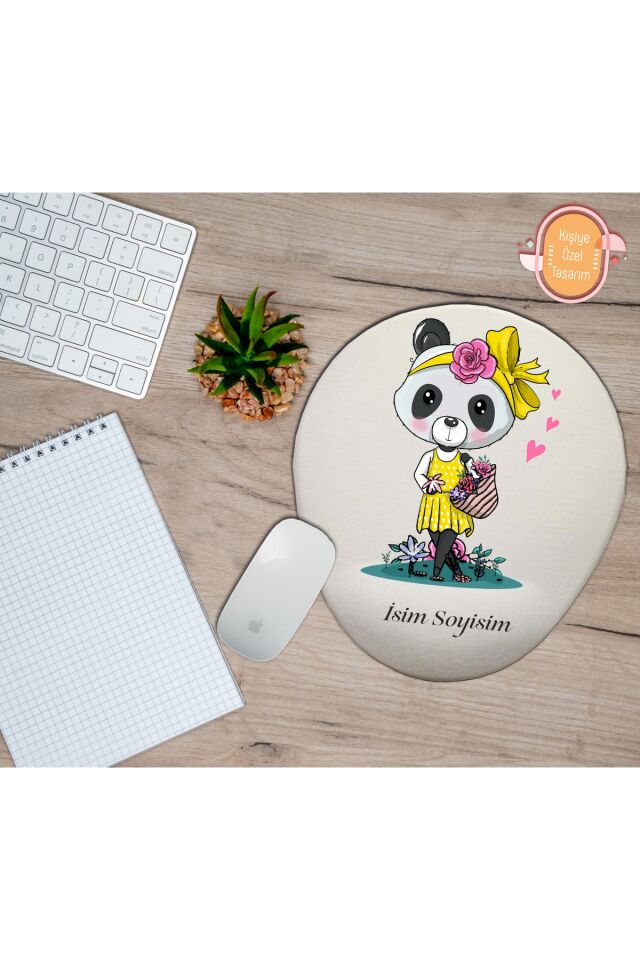 Kişiye Özel Çiçekçi Panda Kız Temalı Mouse Pad Bilek Destekli