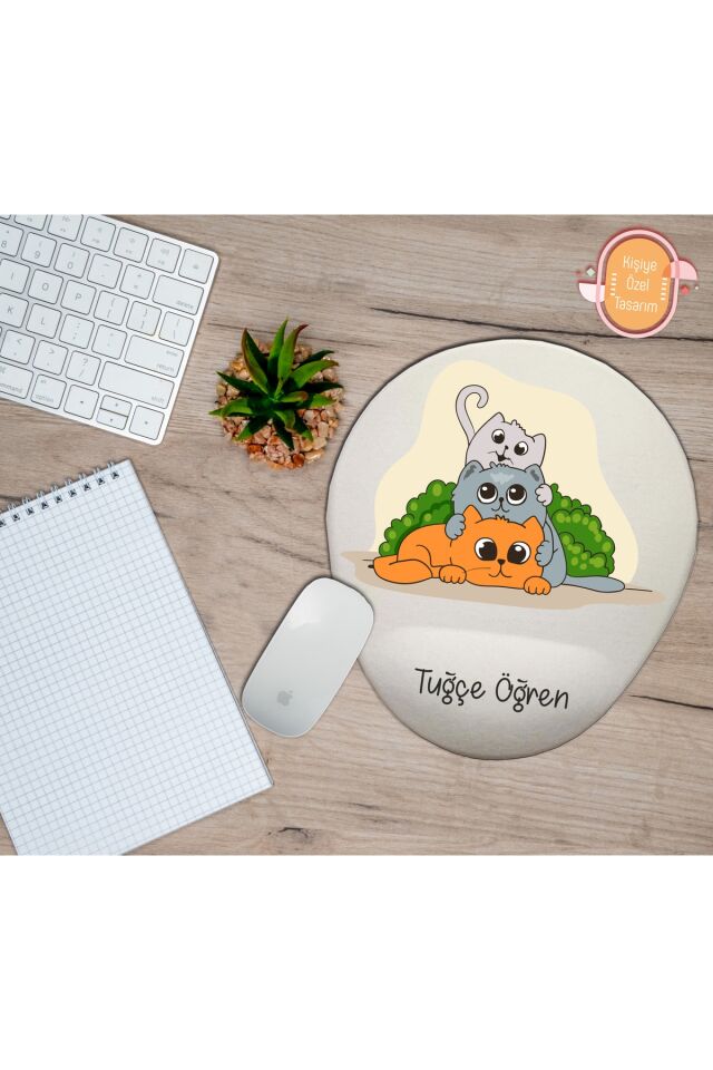 Kişiye Özel 3 Kedi Arkadaş Temalı Mouse Pad Bilek Destekli