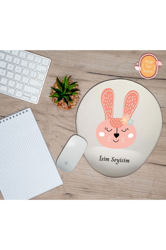 Kişiye Özel Pembe Süslü Tavşan Temalı Mouse Pad Bilek Destekli