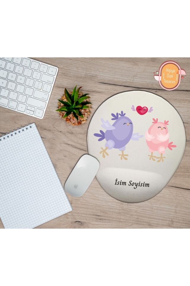 Kişiye Özel Aşık Sevimli Kuşlar Dans Temalı Mouse Pad Bilek Destekli