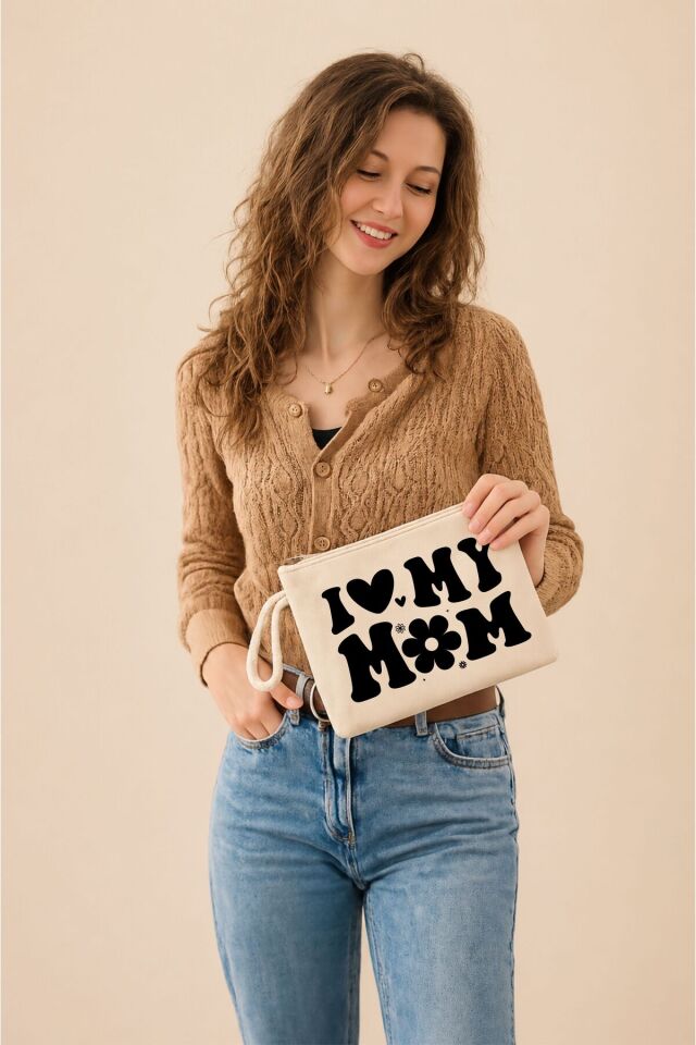 I Love My Mom Tasarımlı Clutch Hediye Clutch/Makyaj/El Çantası