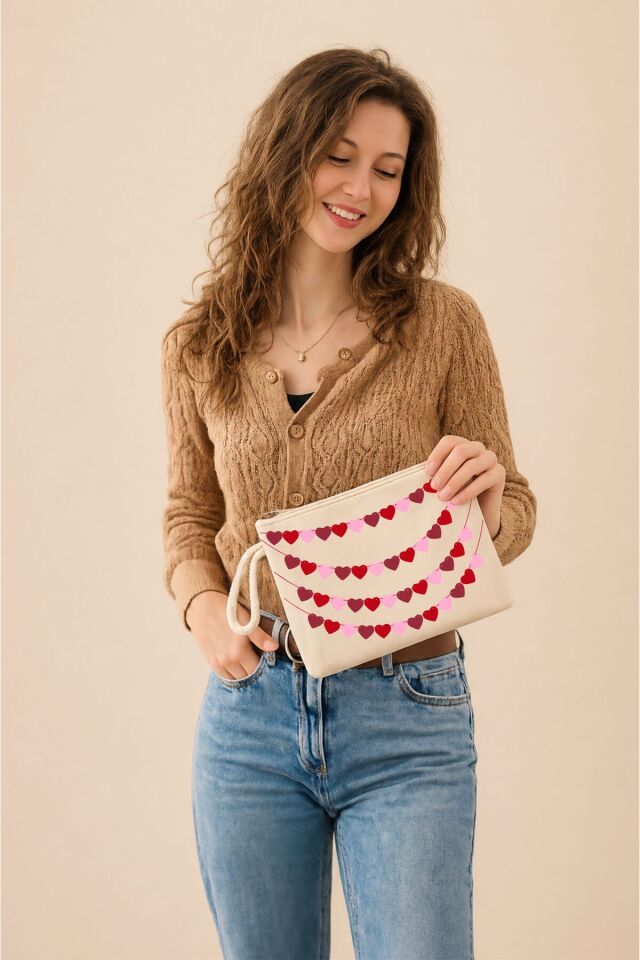 Mini Kalp Askısı Tasarımlı Clutch Hediye Clutch/Makyaj/El Çantası