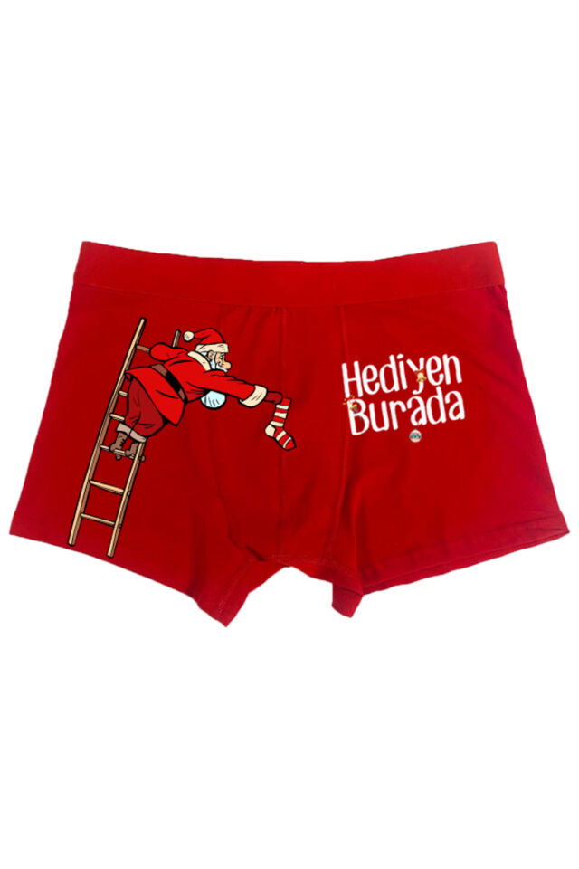 Merdiven Tırmanan Noel Baba Tasarımlı Hediyen Burada Yazılı Eğlenceli Erkek Man Boxer
